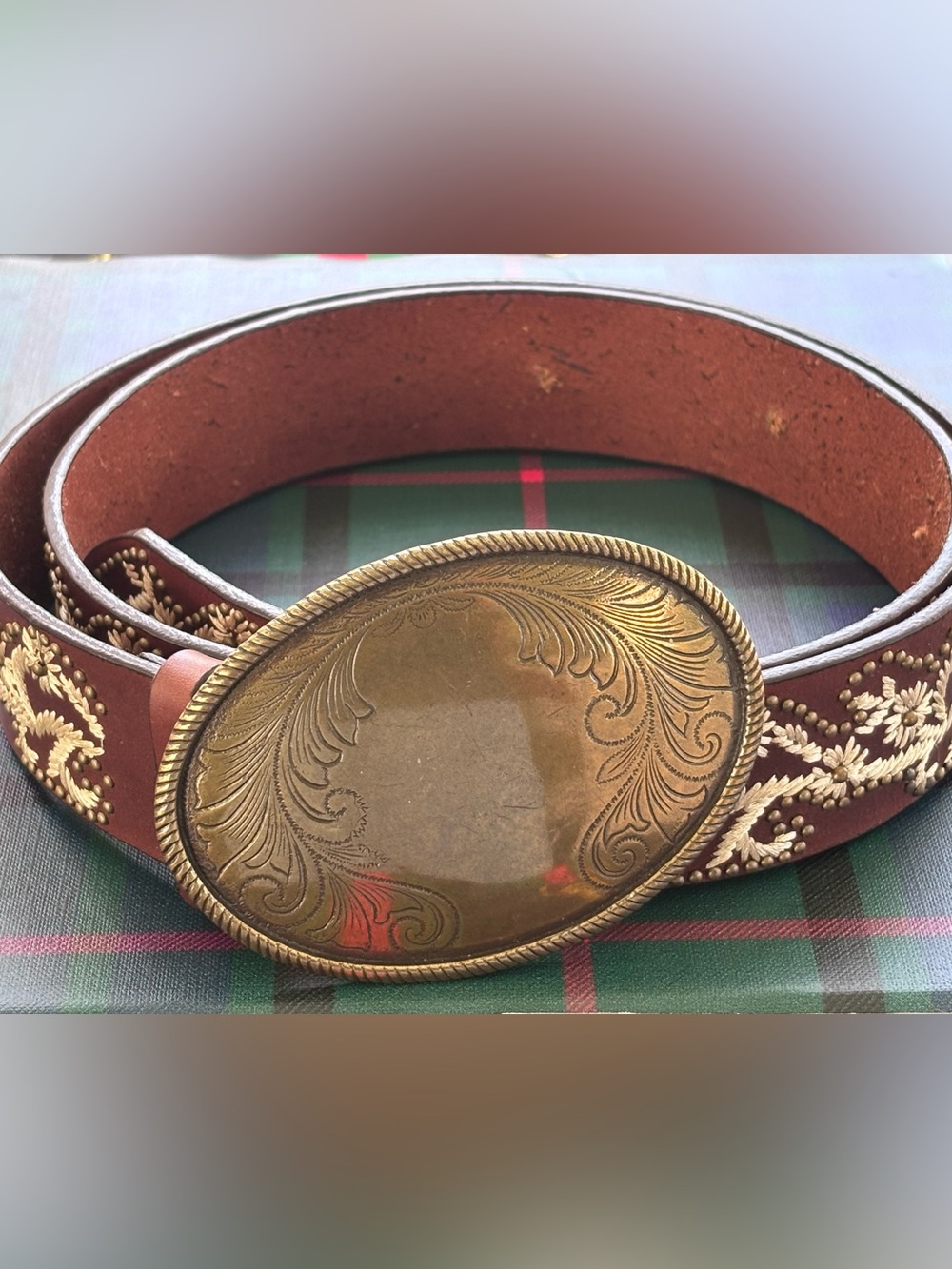 Embroidered Leather Belt with Brass Buckle